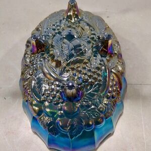 Vintage Blue Carnival Glass Grape & Leaf Footed Bowl 12" Iridescent Centerpiece